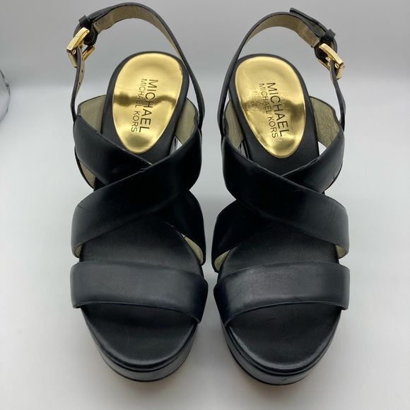 KORS Michael Kors Shoes - Michael/Michael Kors Bennet Black Leather Wedge Sandals Size 6,5 M